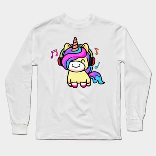 Happy smiling baby unicorn with headphones. Kawaii cartoon Long Sleeve T-Shirt